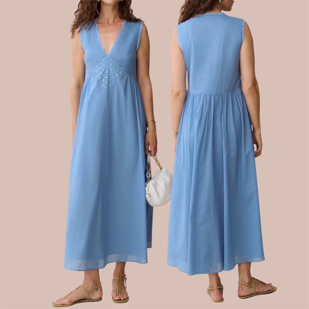 Few Moda Sonnet Cotton Embroidered Dress Periwinkle Blue Sleeveless Maxi Size L